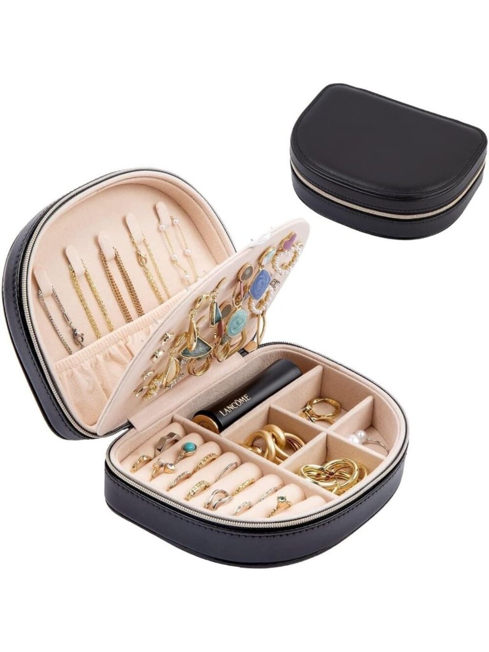 〽️Portable Jewelry Case Medium 2 Layer Travel Organizer Black PU Leather Box